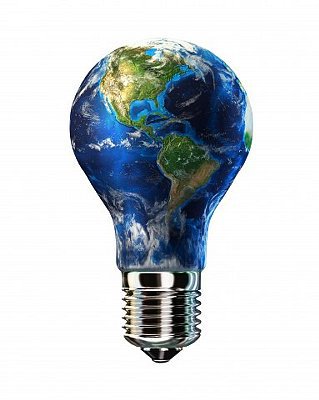 Light bulb with planet Earth inside glass, Americas view.