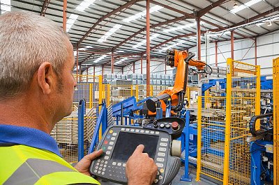 Worker operating robotic machinery in factory