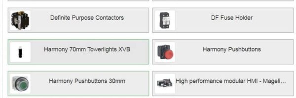 Catalog page showing tiles of industrial automation products: touchscreens/keyboards, soft starters, contactors, fuse holder, towerlights, pushbuttons, HMI, servo drive, and limit switches.