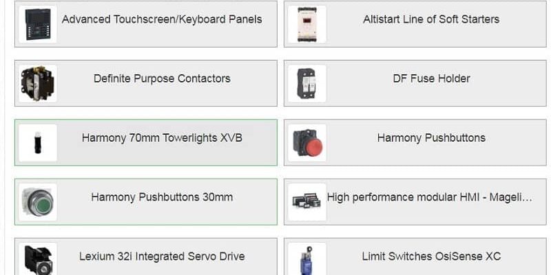 Catalog page showing tiles of industrial automation products: touchscreens/keyboards, soft starters, contactors, fuse holder, towerlights, pushbuttons, HMI, servo drive, and limit switches.