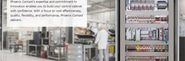 Factory floor with a technician near a large electrical control cabinet; overlay text reads 'Build with Confidence' promoting Phoenix Contact's offering.