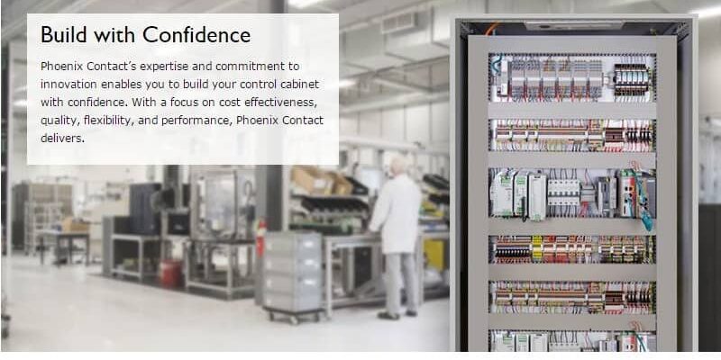 Factory floor with a technician near a large electrical control cabinet; overlay text reads 'Build with Confidence' promoting Phoenix Contact's offering.