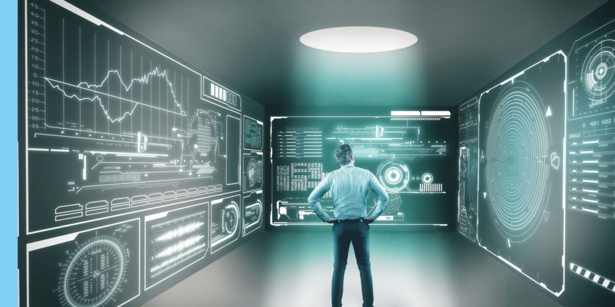 Person stands with hands on hips in a futuristic control room filled with glowing holographic dashboards and charts.