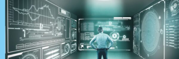 Person stands with hands on hips in a futuristic control room filled with glowing holographic dashboards and charts.