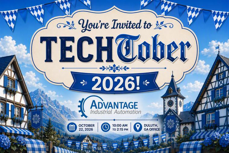 TechOctober 2026 event banner by Advantage Industrial Automation with date Oct 22, 2026, 10:00 AM–2:15 PM, Duluth, GA office.
